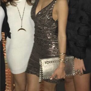 Herve Leger Mariah Dark Bronze Sequin V‑Neck Mini Dress